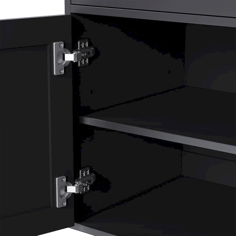 Mobile porta TV da fattoria nero e noce scuro con scaffali e ante in vetro per TV da 70 pollici