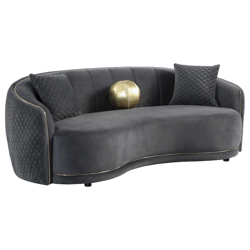 Divano Curvo, 233 cm, Poliestere Grigio Scuro, Rifiniture Oro, 3 Cuscini