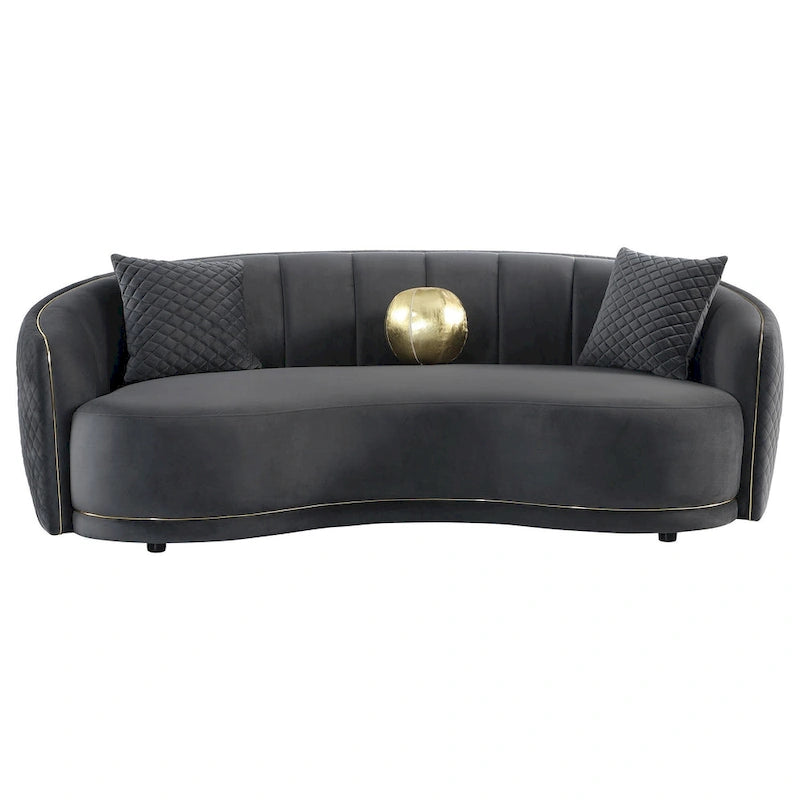 Divano Curvo, 233 cm, Poliestere Grigio Scuro, Rifiniture Oro, 3 Cuscini