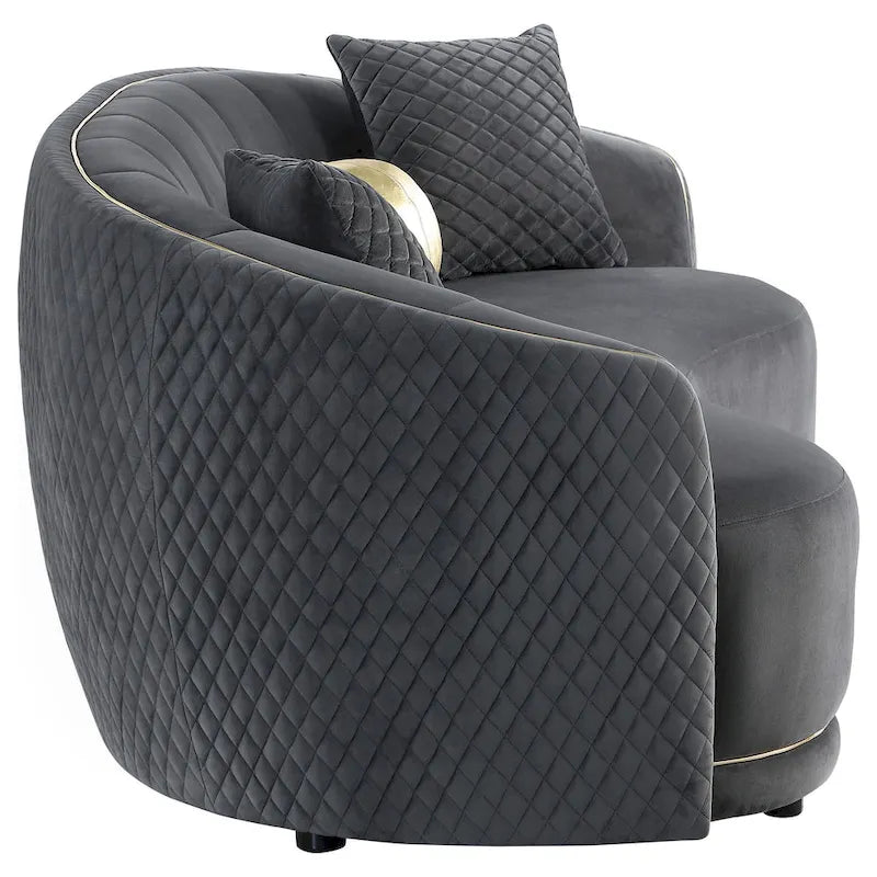 Divano Curvo, 233 cm, Poliestere Grigio Scuro, Rifiniture Oro, 3 Cuscini