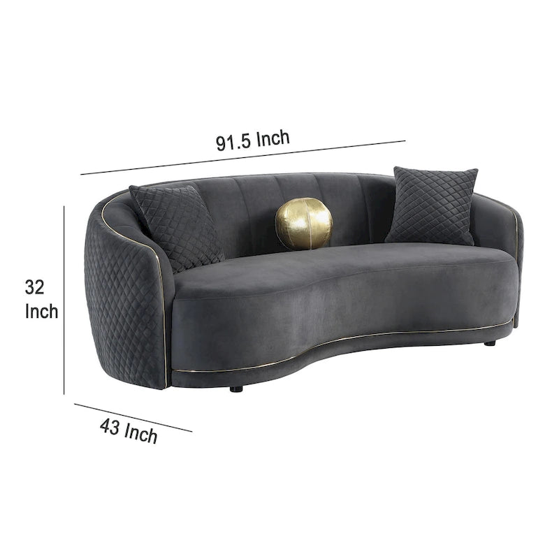 Divano Curvo, 233 cm, Poliestere Grigio Scuro, Rifiniture Oro, 3 Cuscini