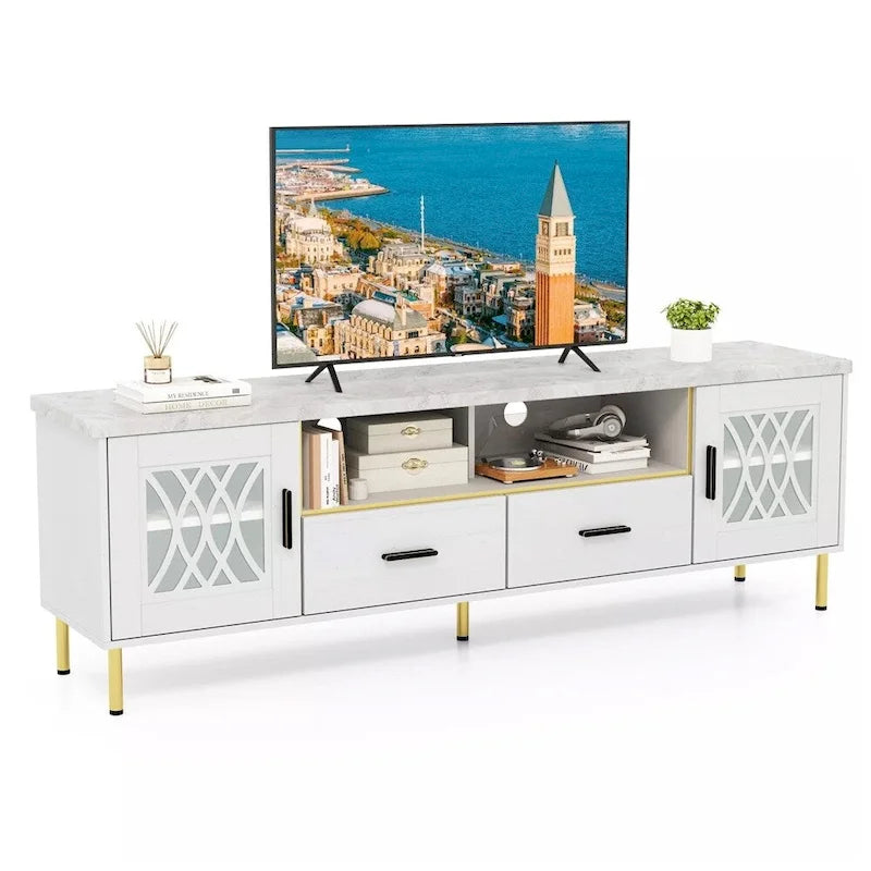 Mobile TV Moderno Effetto Marmo Bianco da 180 cm per TV fino a 80 Pollici - 185 cm
