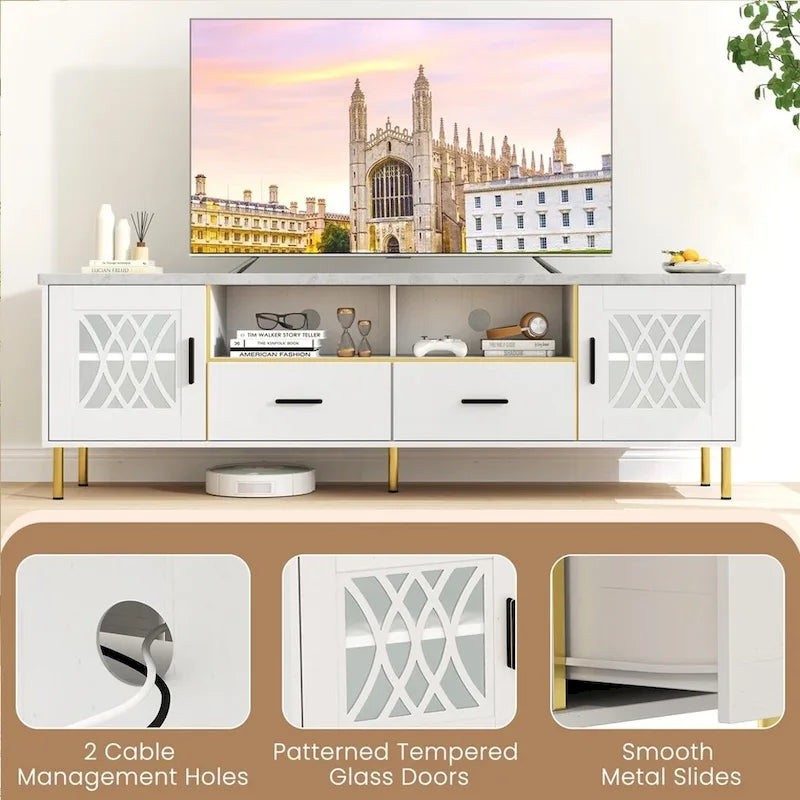 Mobile TV Moderno Effetto Marmo Bianco da 180 cm per TV fino a 80 Pollici - 185 cm