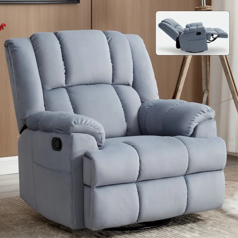 Poltrona reclinabile oversize in tessuto verde con rotazione a 360°, funzione a dondolo e comandi manuali per il massimo comfort
