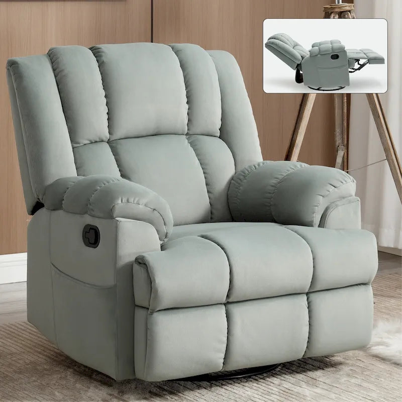 Poltrona reclinabile oversize in tessuto verde con rotazione a 360°, funzione a dondolo e comandi manuali per il massimo comfort