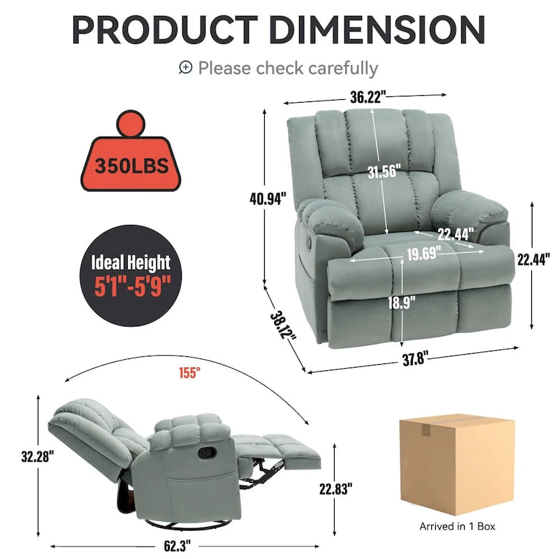 Poltrona reclinabile oversize in tessuto verde con rotazione a 360°, funzione a dondolo e comandi manuali per il massimo comfort
