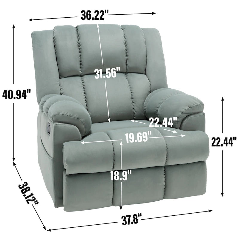 Poltrona reclinabile oversize in tessuto verde con rotazione a 360°, funzione a dondolo e comandi manuali per il massimo comfort