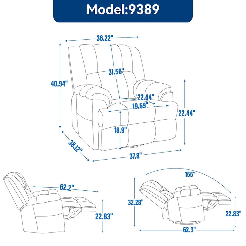 Poltrona reclinabile oversize in tessuto verde con rotazione a 360°, funzione a dondolo e comandi manuali per il massimo comfort