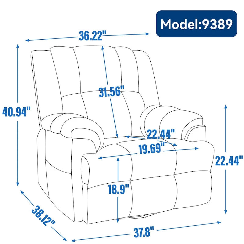 Poltrona reclinabile oversize in tessuto verde con rotazione a 360°, funzione a dondolo e comandi manuali per il massimo comfort