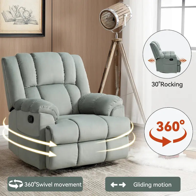 Poltrona reclinabile oversize in tessuto verde con rotazione a 360°, funzione a dondolo e comandi manuali per il massimo comfort