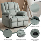 Poltrona reclinabile oversize in tessuto verde con rotazione a 360°, funzione a dondolo e comandi manuali per il massimo comfort