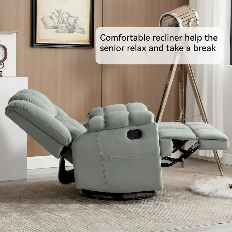 Poltrona reclinabile oversize in tessuto verde con rotazione a 360°, funzione a dondolo e comandi manuali per il massimo comfort