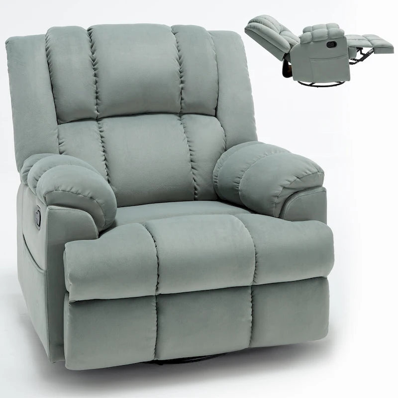Poltrona reclinabile oversize in tessuto verde con rotazione a 360°, funzione a dondolo e comandi manuali per il massimo comfort