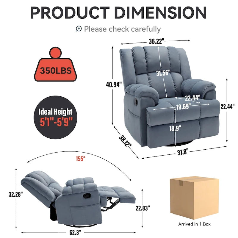 Poltrona reclinabile oversize in tessuto verde con rotazione a 360°, funzione a dondolo e comandi manuali per il massimo comfort
