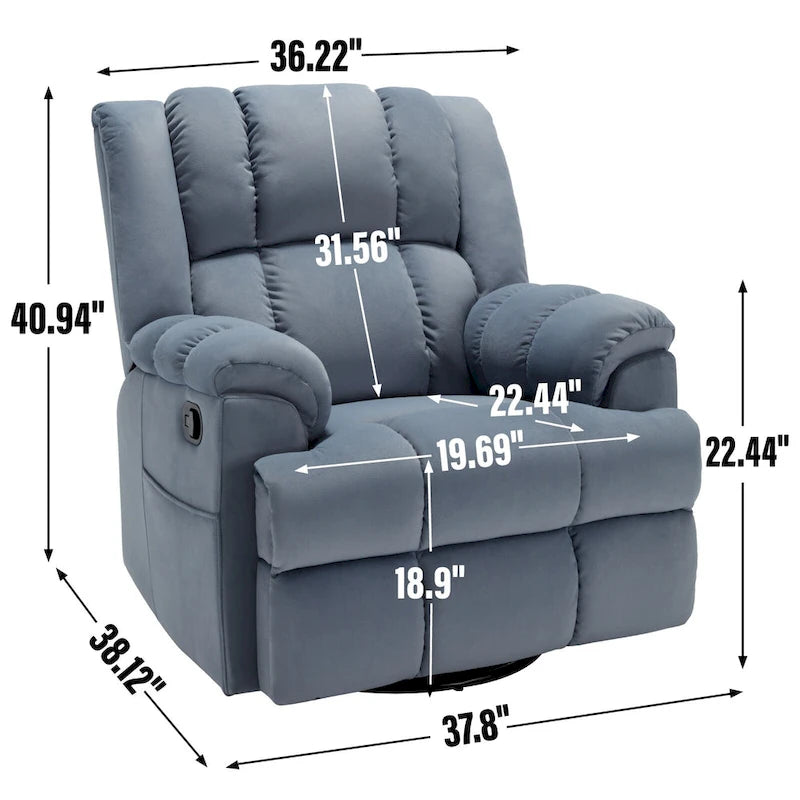 Poltrona reclinabile oversize in tessuto verde con rotazione a 360°, funzione a dondolo e comandi manuali per il massimo comfort
