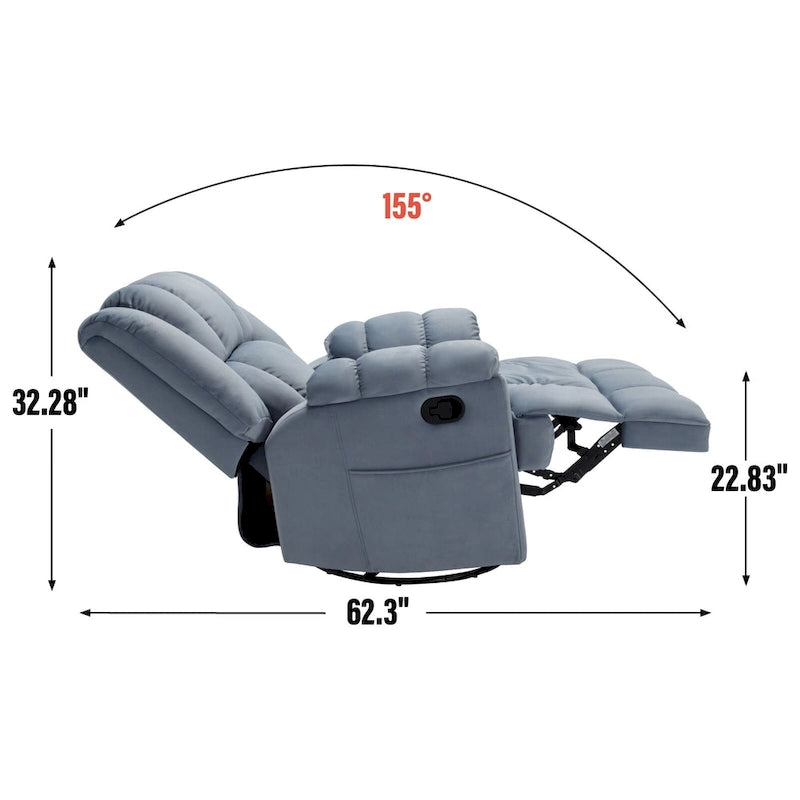 Poltrona reclinabile oversize in tessuto verde con rotazione a 360°, funzione a dondolo e comandi manuali per il massimo comfort