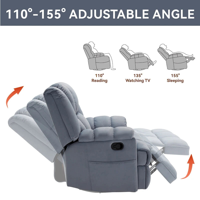 Poltrona reclinabile oversize in tessuto verde con rotazione a 360°, funzione a dondolo e comandi manuali per il massimo comfort