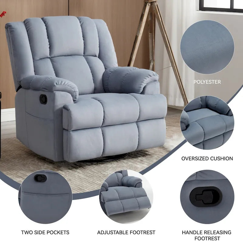Poltrona reclinabile oversize in tessuto verde con rotazione a 360°, funzione a dondolo e comandi manuali per il massimo comfort