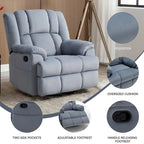 Poltrona reclinabile oversize in tessuto verde con rotazione a 360°, funzione a dondolo e comandi manuali per il massimo comfort