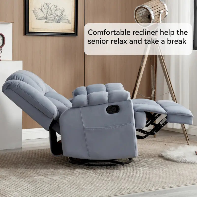 Poltrona reclinabile oversize in tessuto verde con rotazione a 360°, funzione a dondolo e comandi manuali per il massimo comfort