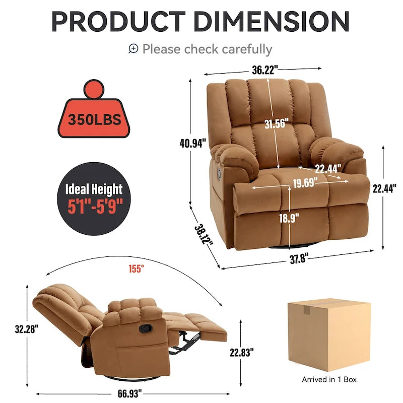 Poltrona reclinabile oversize in tessuto verde con rotazione a 360°, funzione a dondolo e comandi manuali per il massimo comfort