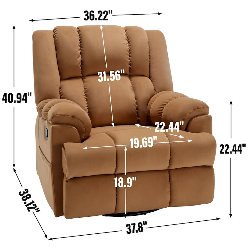 Poltrona reclinabile oversize in tessuto verde con rotazione a 360°, funzione a dondolo e comandi manuali per il massimo comfort