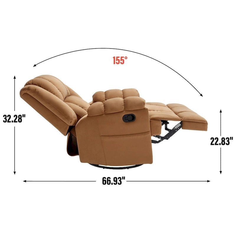 Poltrona reclinabile oversize in tessuto verde con rotazione a 360°, funzione a dondolo e comandi manuali per il massimo comfort