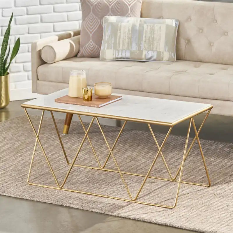 Tavolino da caffè moderno Glam con ripiano in marmo - 94 cm L x 48 cm P x 46 cm A