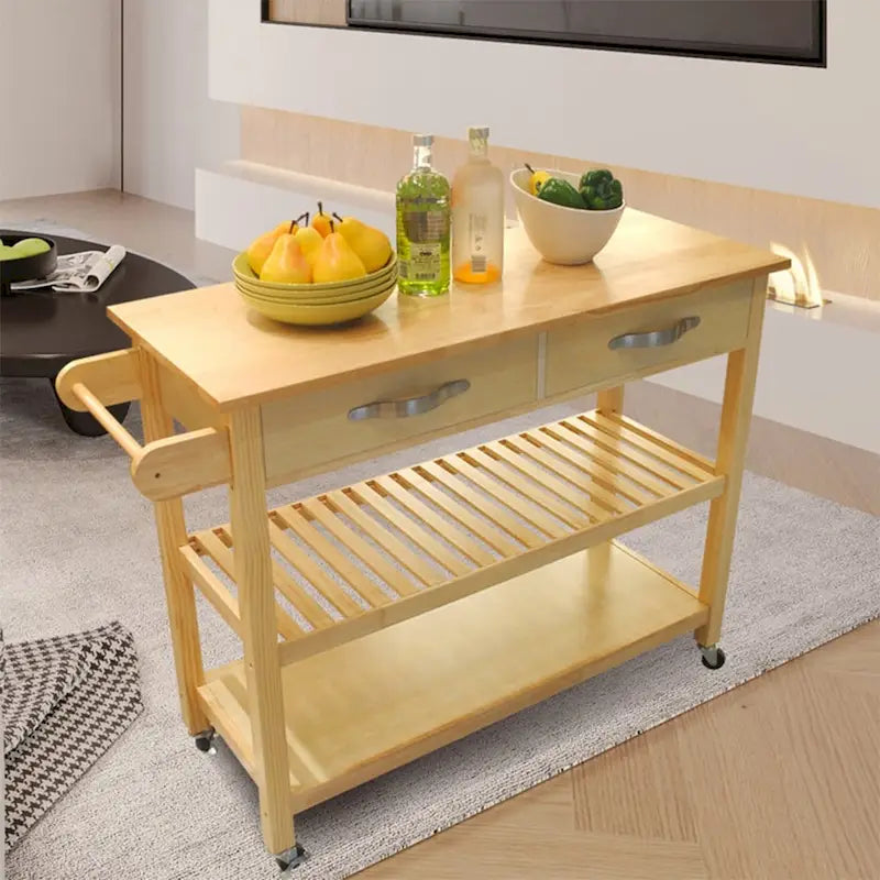 Carrello da Cucina con Ruote, 2 Cassetti e Ripiani Aperti - 114 x 43 x 89 cm