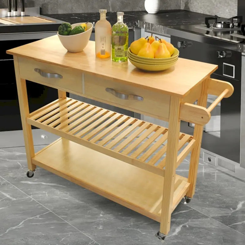 Carrello da Cucina con Ruote, 2 Cassetti e Ripiani Aperti - 114 x 43 x 89 cm