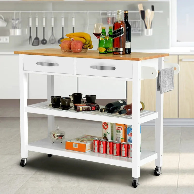 Carrello da Cucina con Ruote, 2 Cassetti e Ripiani Aperti - 114 x 43 x 89 cm