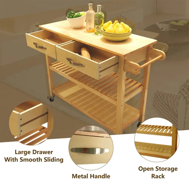 Carrello da Cucina con Ruote, 2 Cassetti e Ripiani Aperti - 114 x 43 x 89 cm