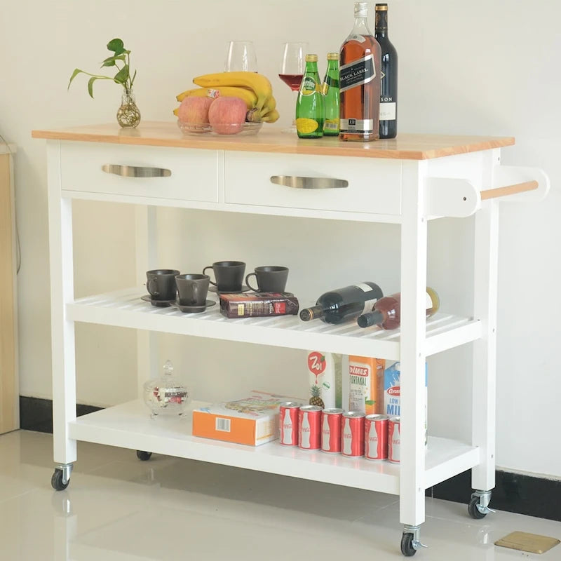 Carrello da Cucina con Ruote, 2 Cassetti e Ripiani Aperti - 114 x 43 x 89 cm