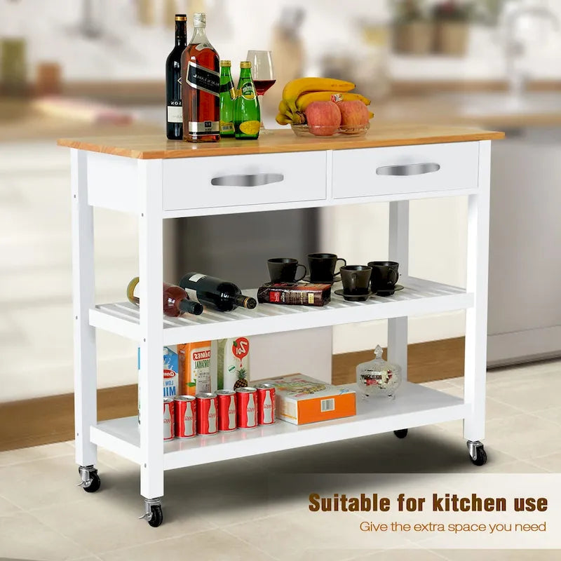 Carrello da Cucina con Ruote, 2 Cassetti e Ripiani Aperti - 114 x 43 x 89 cm