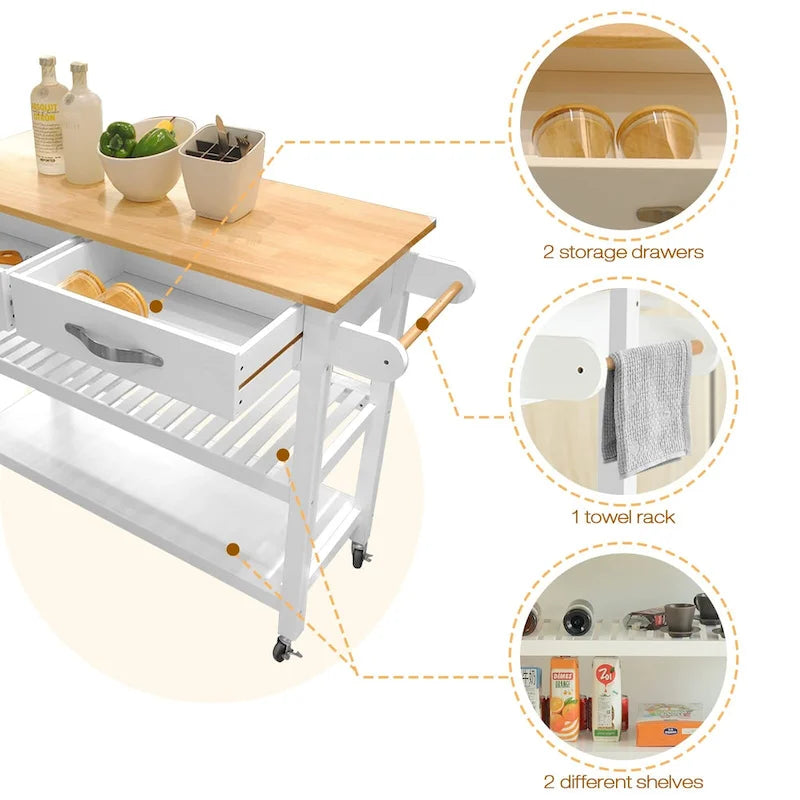 Carrello da Cucina con Ruote, 2 Cassetti e Ripiani Aperti - 114 x 43 x 89 cm