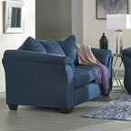 Divanetto in microfibra blu navy con schienale a cuscino