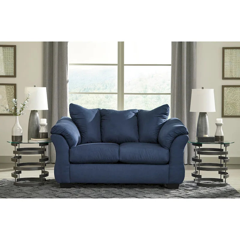 Divanetto in microfibra blu navy con schienale a cuscino