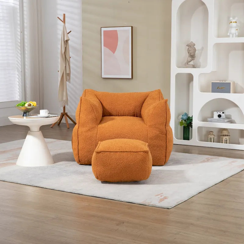 Poltrona sacco quadrata senza braccioli imbottita in Bouclé con pouf, seduta profonda