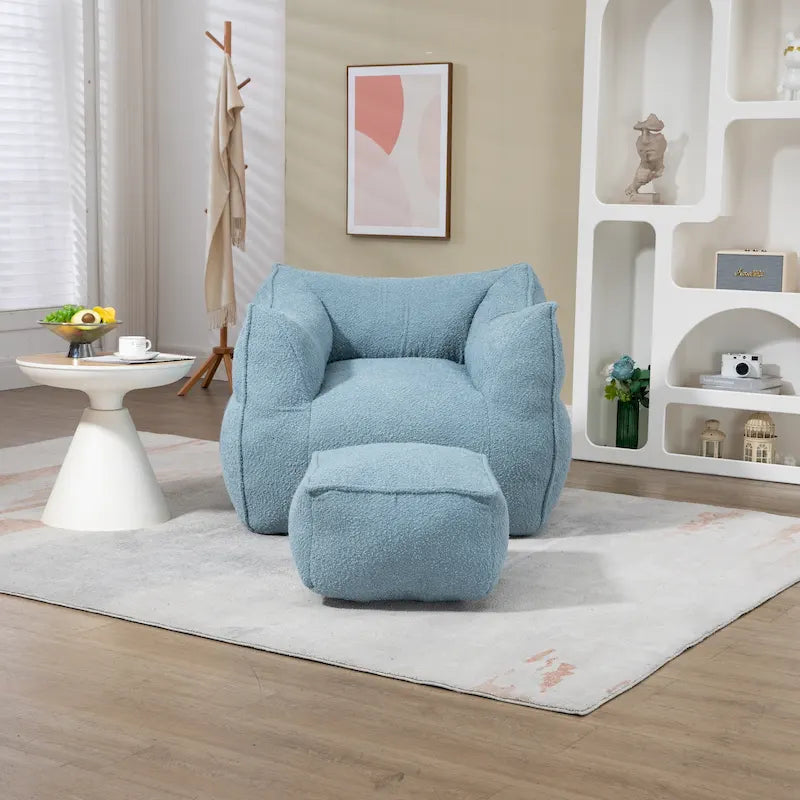 Poltrona sacco quadrata senza braccioli imbottita in Bouclé con pouf, seduta profonda
