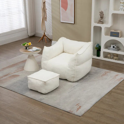 Boucle Upholstered Deep Seat Armless Square Bean Bag Chair with Ottoman