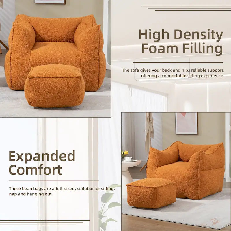 Poltrona sacco quadrata senza braccioli imbottita in Bouclé con pouf, seduta profonda
