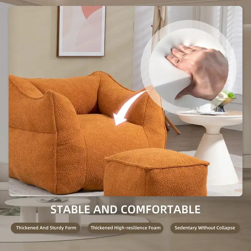 Poltrona sacco quadrata senza braccioli imbottita in Bouclé con pouf, seduta profonda