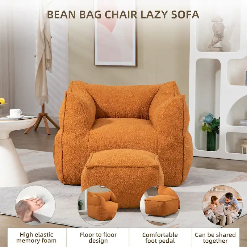 Poltrona sacco quadrata senza braccioli imbottita in Bouclé con pouf, seduta profonda