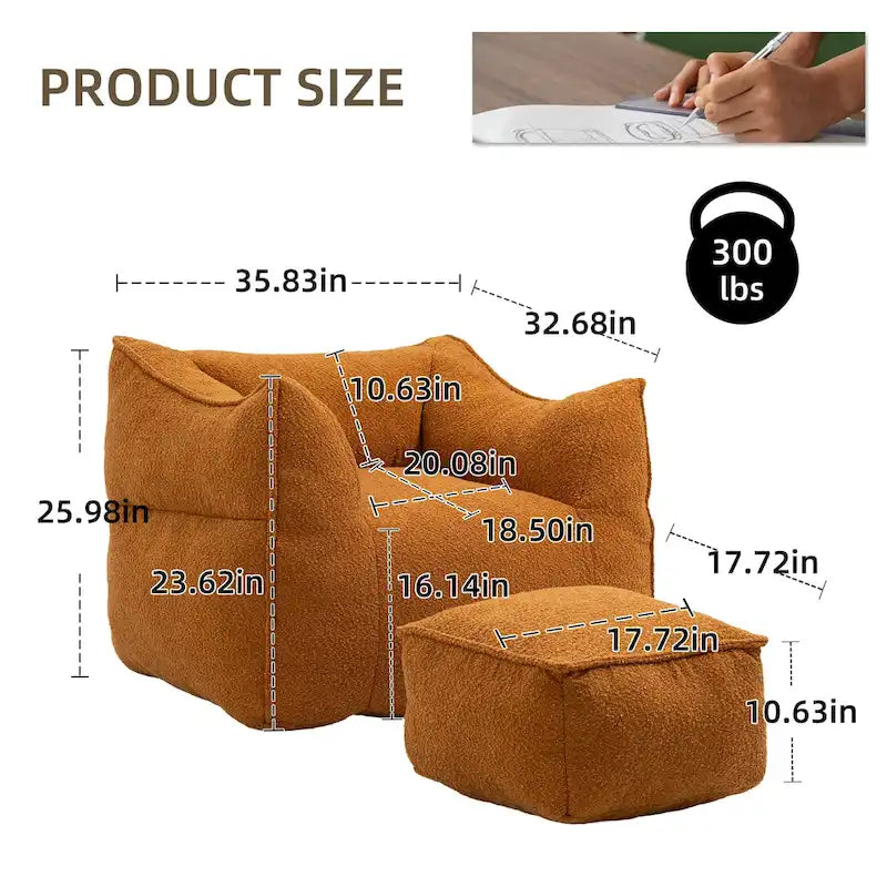 Poltrona sacco quadrata senza braccioli imbottita in Bouclé con pouf, seduta profonda