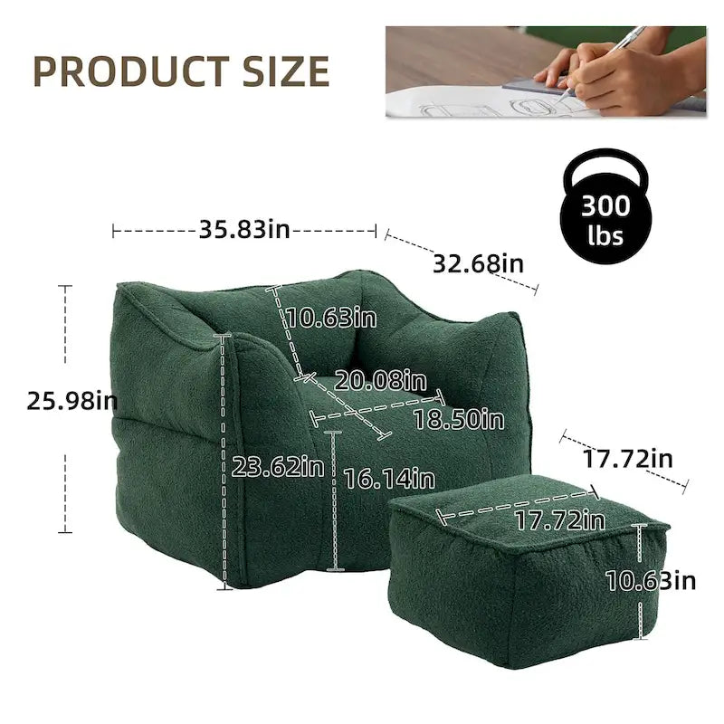 Poltrona sacco quadrata senza braccioli imbottita in Bouclé con pouf, seduta profonda
