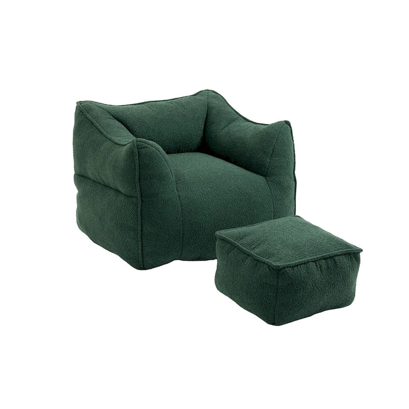 Poltrona sacco quadrata senza braccioli imbottita in Bouclé con pouf, seduta profonda