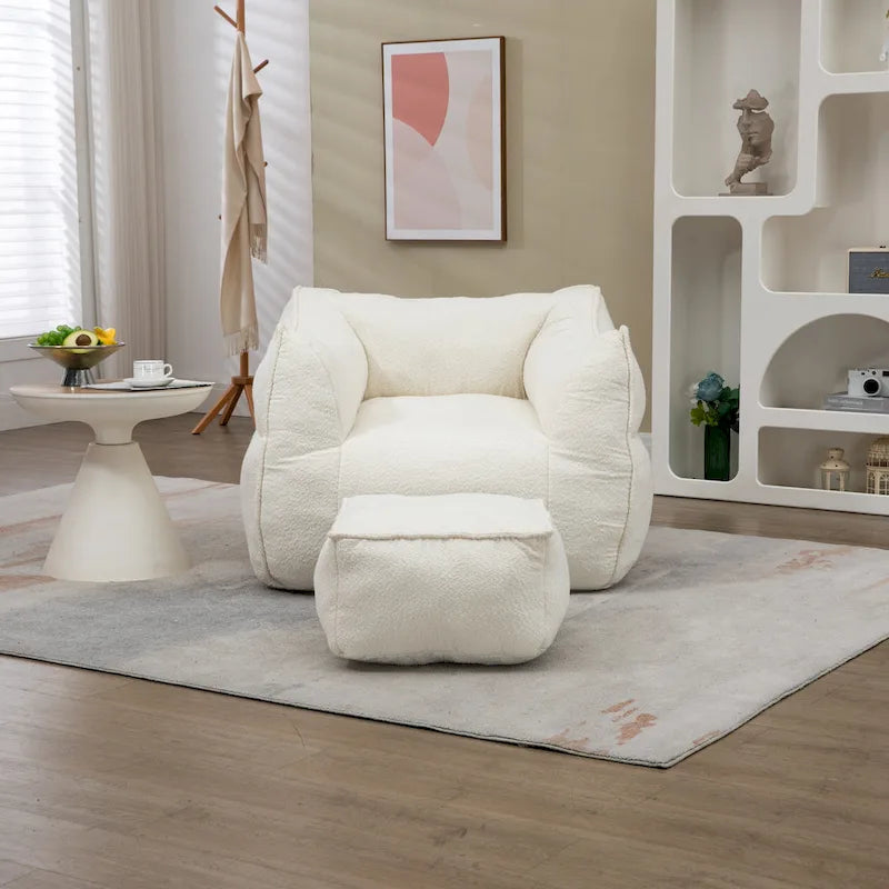 Poltrona sacco quadrata senza braccioli imbottita in Bouclé con pouf, seduta profonda