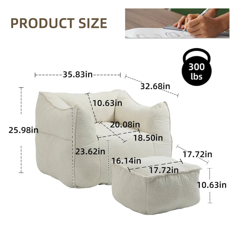Poltrona sacco quadrata senza braccioli imbottita in Bouclé con pouf, seduta profonda