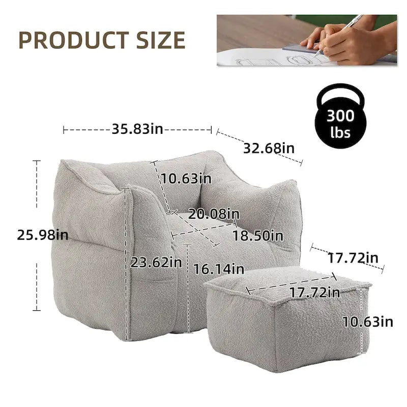 Poltrona sacco quadrata senza braccioli imbottita in Bouclé con pouf, seduta profonda