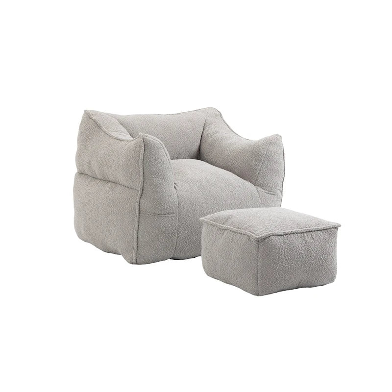 Poltrona sacco quadrata senza braccioli imbottita in Bouclé con pouf, seduta profonda